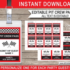 Pit Crew Pass Template - Printable Race Car Theme Birthday Party Decorations or Favors - INSTANT DOWNLOAD - EDITABLE text