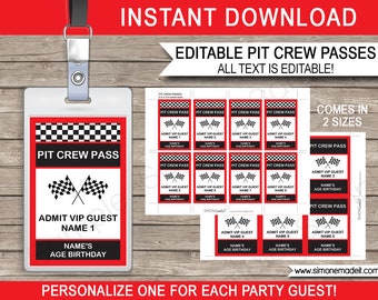 Pit Crew Pass Template - Printable Race Car Theme Birthday Party Decorations or Favors - INSTANT DOWNLOAD - EDITABLE text