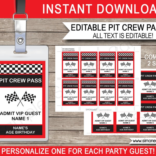 Pit Crew Pass Template - Printable Race Car Theme Birthday Party Decorations or Favors - INSTANT DOWNLOAD - EDITABLE text