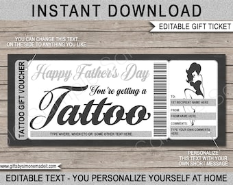 Vaderdag Tattoo cadeaubon Voucher Ticket kaart afdrukbare sjabloon - Retro 50's Pinup Design - INSTANT DOWNLOAD met BEWERKBARE tekst