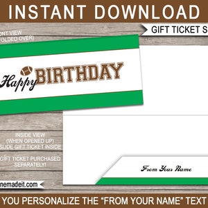 Printable Sleeve / Envelope for Birthday Football Gift Tickets, Vouchers, Coupons - Happy Birthday - EDITABLE TEXT DOWNLOAD you personalize