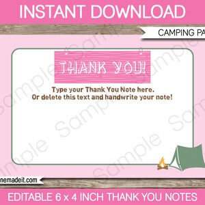 Modèle de cartes de remerciement rose camping party - étiquettes de cadeau d'anniversaire à thème camp imprimables - 10 x 15 cm - TÉLÉCHARGEMENT IMMÉDIAT avec texte MODIFIABLE