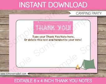 Pink Camping Party Thank You Cards Template - Printable Camp Theme Birthday Favor Tags - 4x6 inches - INSTANT DOWNLOAD with EDITABLE text