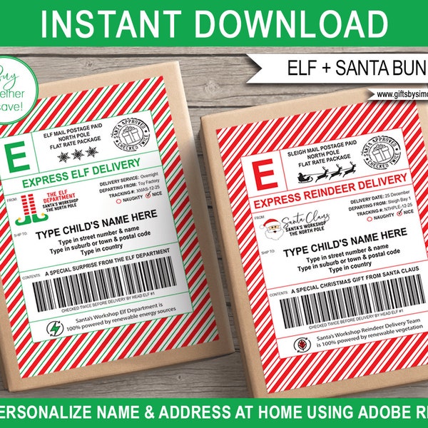 Elf Shipping Label + Santa Shipping Label Templates - Printable Christmas Mailing Stickers Kit - Large - INSTANT DOWNLOAD - EDITABLE text