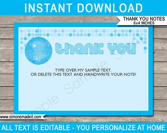 Disco Theme Thank You Cards Template - Printable Dance Birthday Party Favor Note Tag - 4x6 inches - INSTANT DOWNLOAD with EDITABLE text