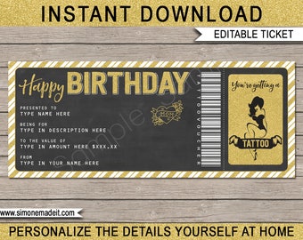 Tattoo Gift Voucher Ticket - Printable Birthday Gift Certificate Card Coupon Template - EDITABLE TEXT DOWNLOAD - you personalize at home