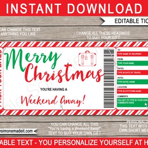 Chèque-cadeau de Noël week-end modèle imprimable - séjour à l'hôtel - faites vos valises - TÉLÉCHARGEMENT IMMÉDIAT, texte MODIFIABLE