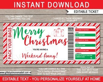 Weekend Away Christmas Gift Certificate Voucher Ticket Printable Template - Hotel Stay - Pack Your Bags - INSTANT DOWNLOAD, EDITABLE text