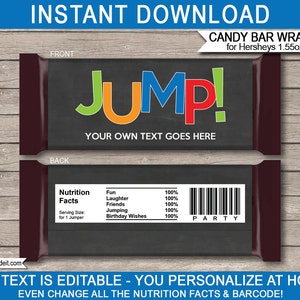 Trampoline Party Candy Bar Wrappers - Trampoline Favors - Chocolate Labels - INSTANT DOWNLOAD with EDITABLE text - you personalize at home