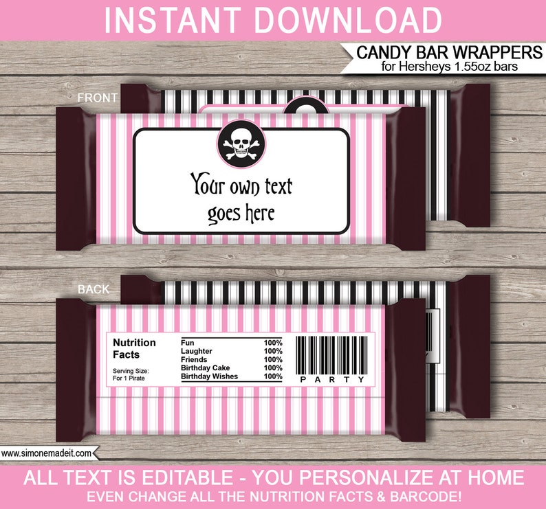 Girl Pirate Party Candy Bar Wrappers Girl Pirate Favors Chocolate Labels INSTANT DOWNLOAD with EDITABLE text you personalize at home image 1