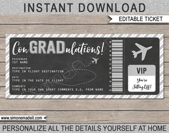 Graduation Plane Ticket - Fake Printable Boarding Pass - Surprise Flight, Trip, Holiday - INSTANT DOWNLOAD with EDITABLE text - you edit Il_570xn