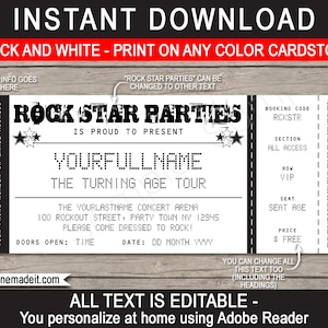 Concert Ticket Invitation Template - Printable Rockstar Theme Birthday Party Invite - Karaoke Rock Star - INSTANT DOWNLOAD - EDITABLE text