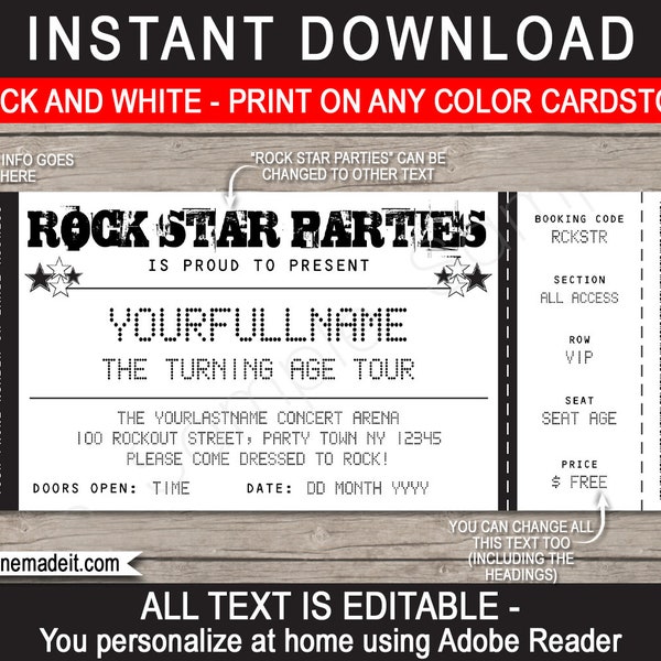 Concert Ticket Invitation Template - Printable Rockstar Theme Birthday Party Invite - Karaoke Rock Star - INSTANT DOWNLOAD - EDITABLE text