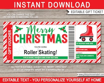 Roller Skating Gift Voucher Template Certificate Ticket, Printable Christmas Gift Experience, Rollerskating Lessons - EDITABLE text DOWNLOAD