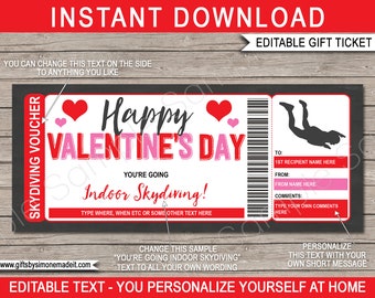 Indoor Skydiving Valentines Ticket Template Gift Certificate Voucher Card - Valentine's Day Gift Sky Dive - INSTANT DOWNLOAD - EDITABLE text