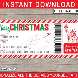 Modello di carta d'imbarco di New York Biglietto aereo regalo di Natale stampabile Viaggio a sorpresa rivelazione volo di vacanza TESTO MODIFICABILE immagine 1