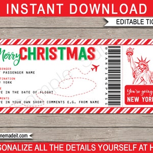 New York Boarding Pass Template Printable Christmas Gift Plane Ticket Surprise Trip Reveal Getaway Holiday Flight EDITABLE TEXT image 1