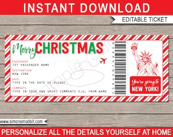 Plantilla de tarjeta de embarque de Nueva York - Boleto de avión de regalo de Navidad imprimible - Viaje sorpresa Revelar vuelo de vacaciones de escapada - TEXTO EDITABLE