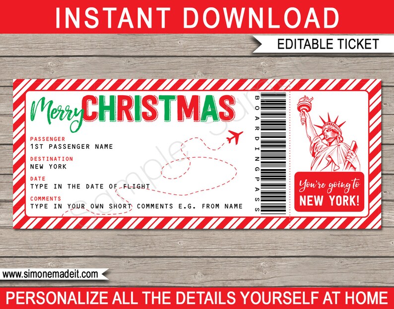 Modello di carta d'imbarco di New York Biglietto aereo regalo di Natale stampabile Viaggio a sorpresa rivelazione volo di vacanza TESTO MODIFICABILE immagine 1