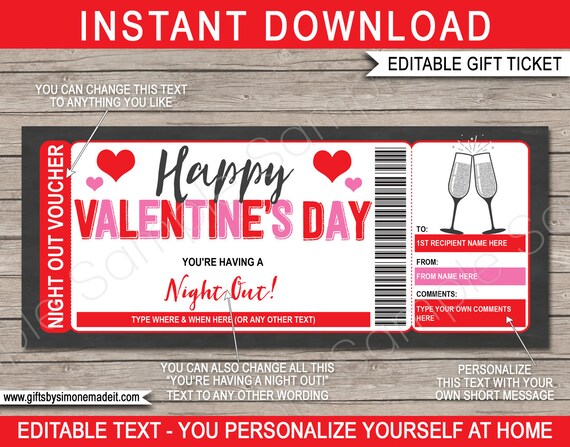 Night Out Gift Voucher Certificate Ticket Valentines Day Template - Galentines Girls Wife Ladies Champagne Printable - with EDITABLE TEXT Il_570xn