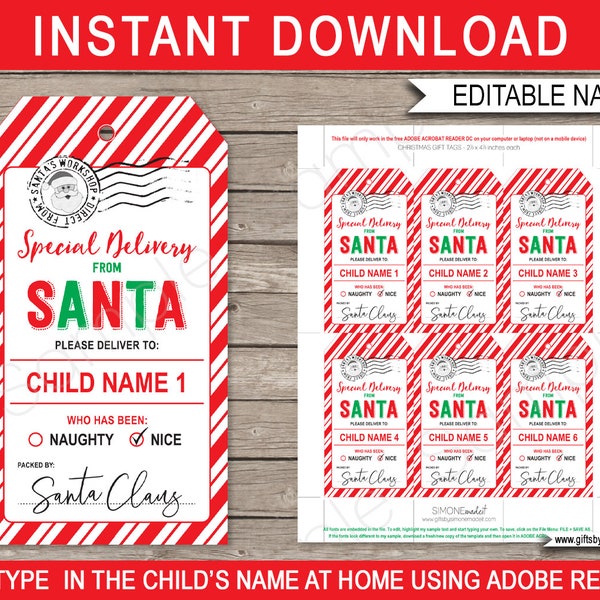 Santa Gift Tags Printable Template - Custom Personalized Special Delivery from Santa's Workshop North Pole - INSTANT DOWNLOAD text EDITABLE