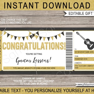 Gefeliciteerd gitaarlessen cadeaubon sjabloon certificaatticket - afdrukbare cadeau-ervaring - leren spelen - BEWERKBARE tekst DOWNLOAD