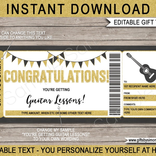 Congratulations Guitar Lessons Gift Voucher Template Certificate Ticket - Printable Gift Experience - Learn to Play - EDITABLE text DOWNLOAD