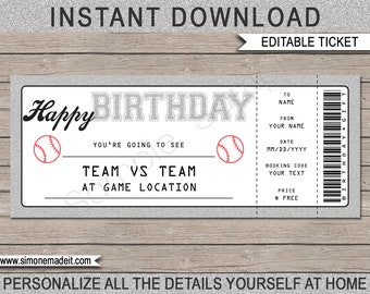 Baseball Ticket Birthday Gift - Surprise Ticket to a Baseball Game - Printable template - Gift Voucher Coupon - EDITABLE TEXT DOWNLOAD