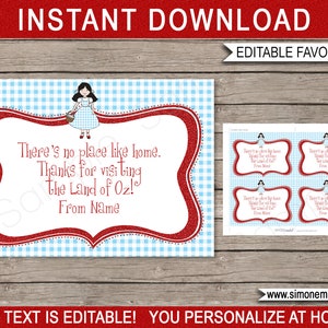 Wizard of Oz Favor Tags Template - Printable Birthday Party Thank You Tags - INSTANT DOWNLOAD with EDITABLE text - you personalize