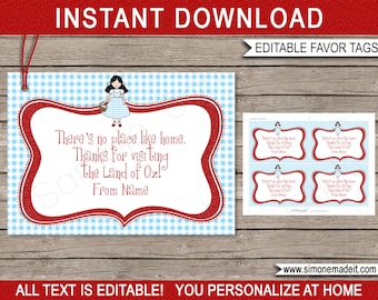 Wizard of Oz Favor Tags Template - Printable Birthday Party Thank You Tags - INSTANT DOWNLOAD with EDITABLE text - you personalize