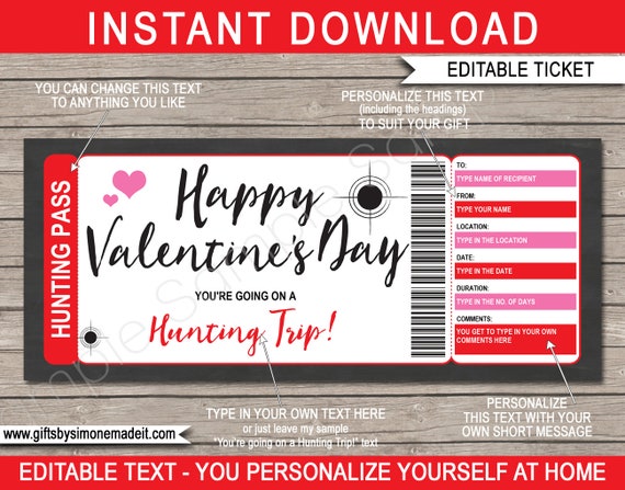Valentines Day Hunting Trip Ticket Printable Gift Voucher Certificate Template - Hunt Holiday Vacation Reveal - INSTANT DOWNLOAD - EDITABLE Il_570xn