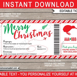 Modelo de cartão de embarque na Nova Zelândia - Bilhete de avião para presente de Natal para impressão - Viagem surpresa à Nova Zelândia revela férias de fuga - DOWNLOAD INSTANTÂNEO