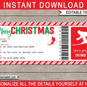 Plantilla de billete de esquí - Viaje sorpresa de esquí - Certificado de pase de vale de regalo de Navidad - Vacaciones - DESCARGA INSTANTE texto EDITABLE