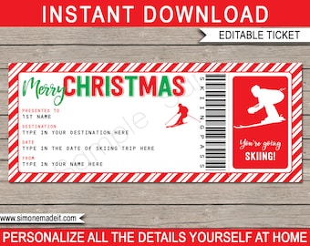Ski Ticket Template - Surprise Skiing Trip - Christmas Gift Voucher Pass Certificate - Holiday Vacation - INSTANT DOWNLOAD text EDITABLE