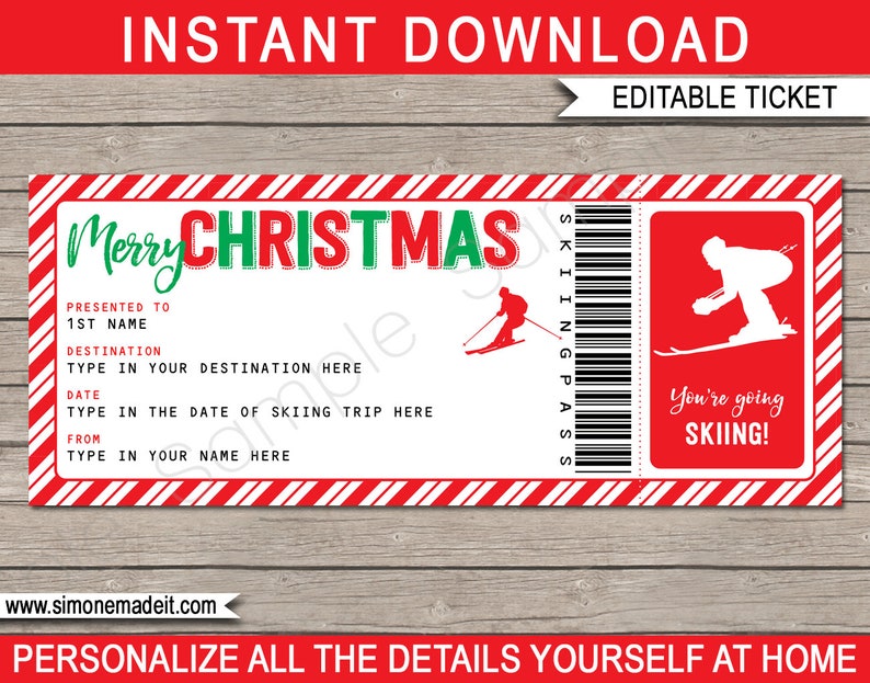 Ski Ticket Template Surprise Skiing Trip Christmas Gift Voucher Pass Certificate Holiday Vacation INSTANT DOWNLOAD text EDITABLE image 1