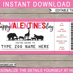 Valentine's Day Zoo Ticket Template - Printable Gift Voucher - Surprise Ticket to the Zoo - INSTANT DOWNLOAD with EDITABLE text