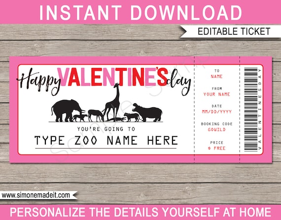 Valentine's Day Zoo Ticket Template - Printable Gift Voucher - Surprise ...