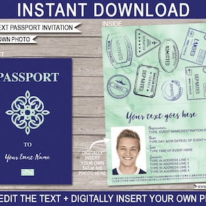 Passport Invitation Template - Printable Birthday Party Invite - Baby Bridal Shower Anniversary Moving Sweet 16 Retirement - EDITABLE text