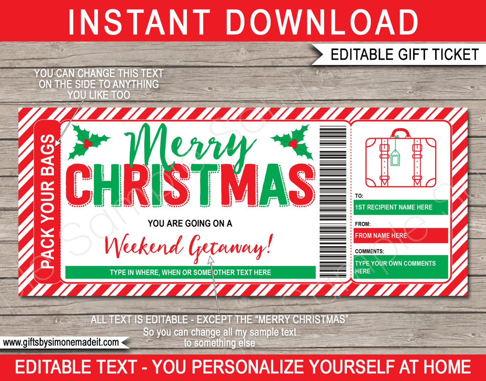 Weekend Getaway Voucher Template Gift Certificate Ticket Card Etsy Canada
