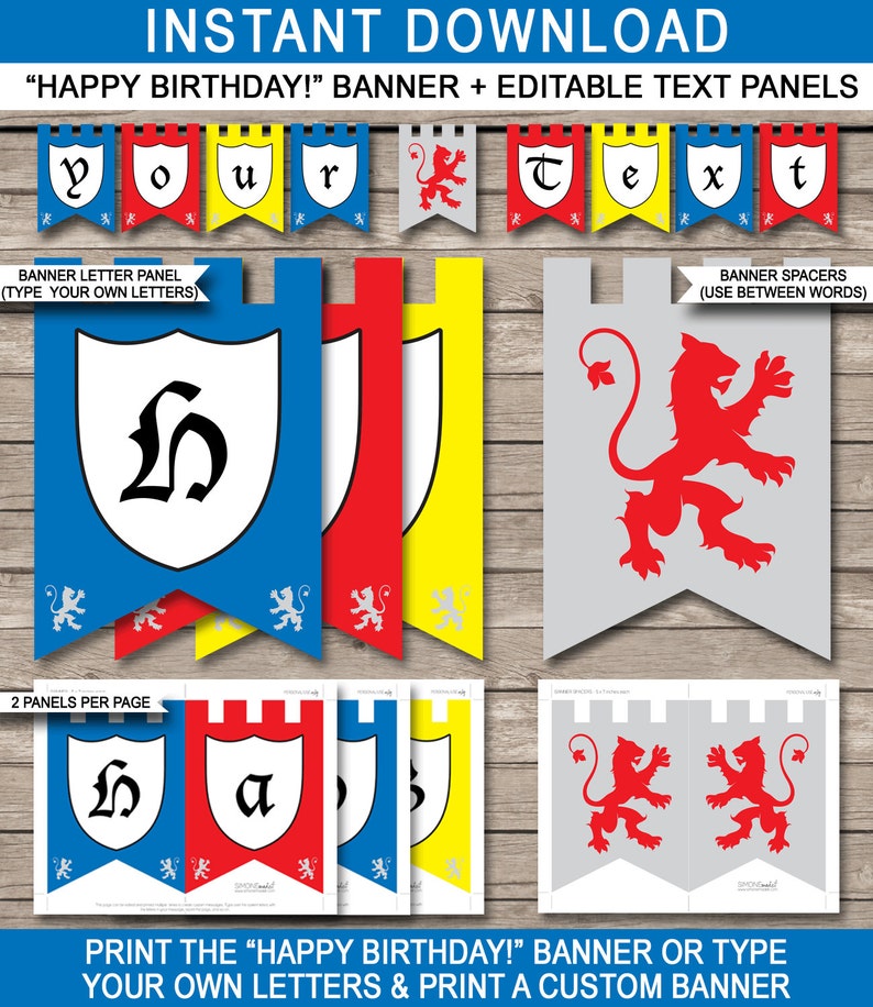 Op de afbeelding: Printbare bannerset voor een verjaardagsfeest met een middeleeuws thema. De banner heeft een kasteelontwerp met rode, gele, blauwe en grijze schilden. De tekst "Happy Birthday!" is op de banner opgenomen. De banner is bewerkbaar, zodat je je eigen tekst kunt toevoegen.