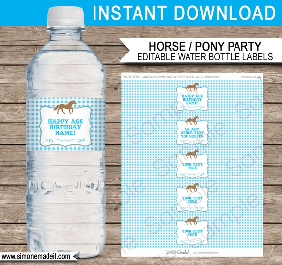 Horse Party Water Bottle Labels - Pony Party - Blue - INSTANT DOWNLOAD with EDITABLE text template - you personalize at home Il_570xn