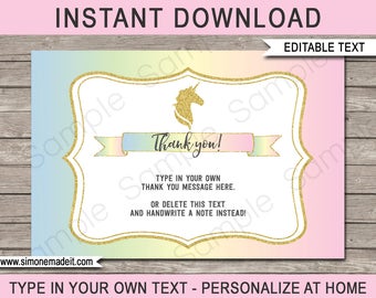 Unicorn Party Thank You Cards - Unicorn Theme Thank You Cards - Unicorn Favor Tags - 4x6 inches - INSTANT DOWNLOAD with EDITABLE text