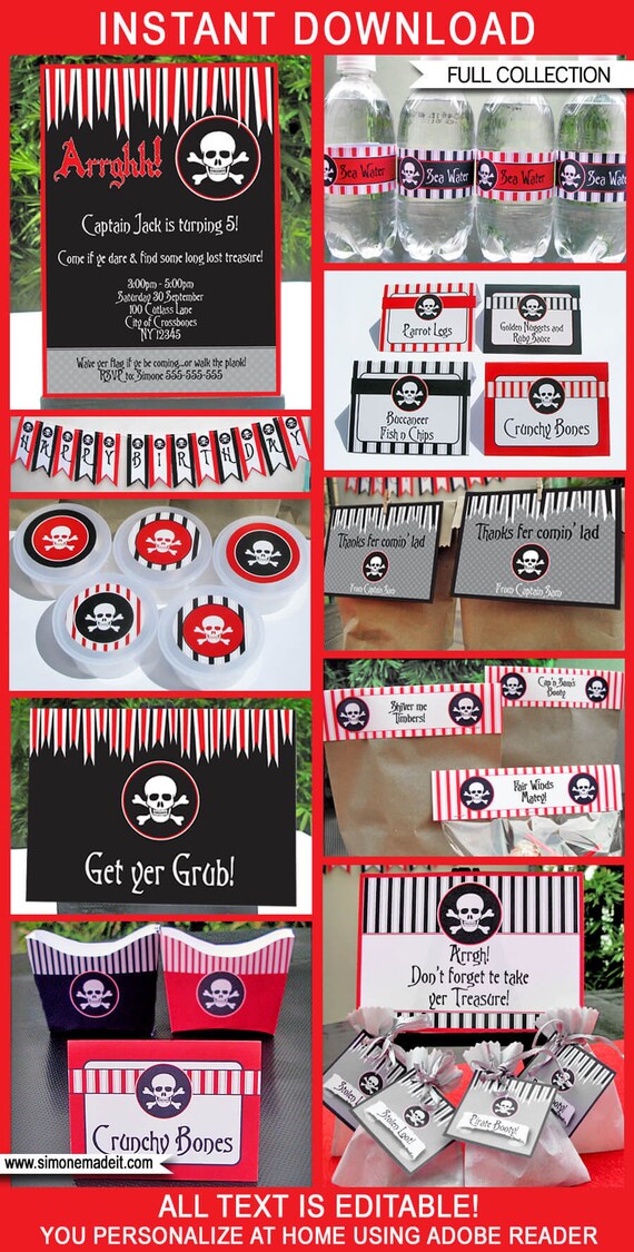 Pirate Birthday Party Decoration Invitation Printable Templates - full Theme Package - INSTANT DOWNLOAD - EDITABLE text - you personalize Il_570xn