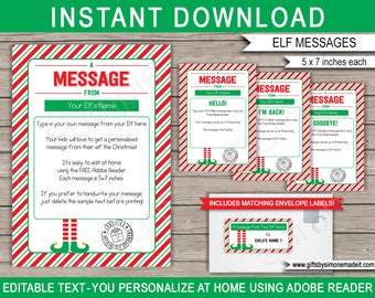 May include: Printable Elf Message templates with red and green striped backgrounds. Each template is 5x7 inches and features a cartoon elf with a message from your elf. The templates are editable and can be personalized with your own message. Includes matching envelope labels.