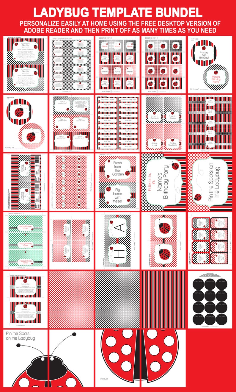 Editable & Printable Ladybug Birthday Party Decorations + Invitation template