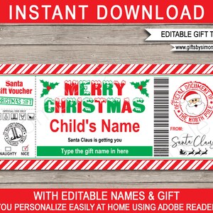 子供向けのサンタギフト券テンプレート - 印刷可能なクリスマスプレゼントギフト券 - 編集可能な名前とギフトで即時ダウンロード