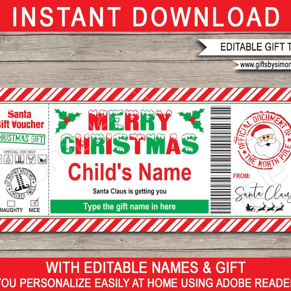 Santa Gift Certificate Template for Kids - Printable Christmas Present Gift Voucher - INSTANT DOWNLOAD with EDITABLE Name & Gift