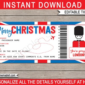 Verrassingsreis naar Londen Kerst Boarding Pass Template - Afdrukbaar vliegticket - Engeland Vakantie - INSTANT DOWNLOAD met BEWERKBARE tekst
