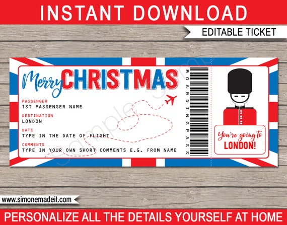 Surprise trip to London Christmas Boarding Pass Printable Plane Ticket - England Holiday - INSTANT DOWNLOAD with EDITABLE text - you edit Il_570xn