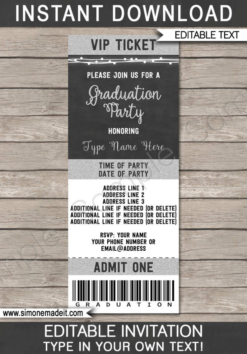 Puede incluir: Plantilla de invitaci&oacute;n editable para una fiesta de graduaci&oacute;n con un dise&ntilde;o de boleto VIP plateado y negro. El texto dice "Descarga instant&aacute;nea, Boleto VIP, &Uacute;nase a nosotros para una fiesta de graduaci&oacute;n, En honor a, Escriba el nombre aqu&iacute;, Hora de la fiesta, Fecha de la fiesta, L&iacute;nea de direcci&oacute;n 1, L&iacute;nea de direcci&oacute;n 2, L&iacute;nea de direcci&oacute;n 3, L&iacute;nea adicional si es necesario (o eliminar), L&iacute;nea adicional si es necesario (o eliminar), L&iacute;nea adicional si es necesario (o eliminar), RSVP: Su nombre, Su n&uacute;mero de tel&eacute;fono o Email@Direcci&oacute;n, Admitir uno, Graduaci&oacute;n, Invitaci&oacute;n editable, &iexcl;Escriba su propio texto!"